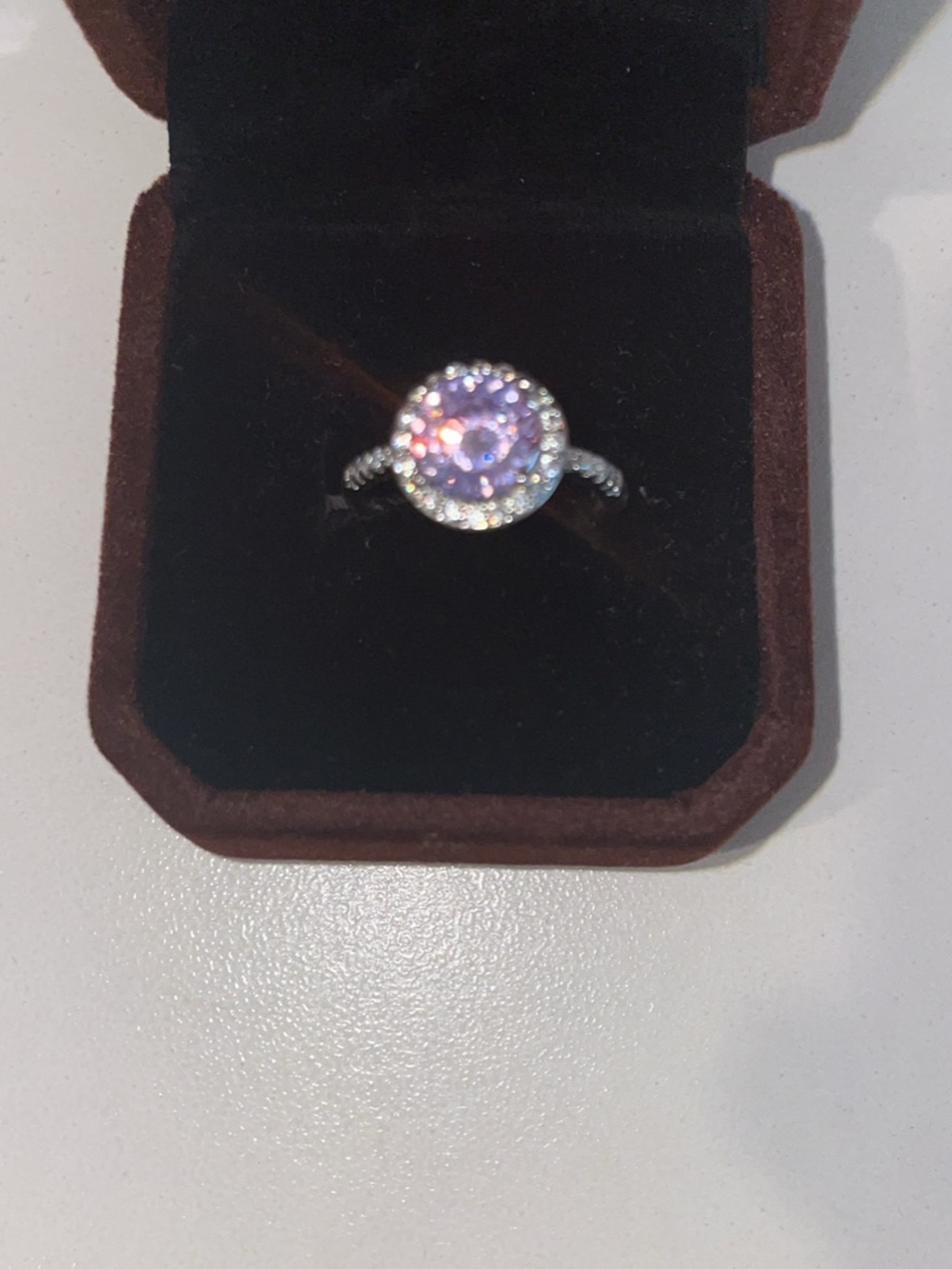 Au750 stamped white gold Silver Halo Ring with purple cubic zirconia diamond